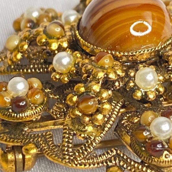 West Germany Ornate Brooch Gold Tone Filagree Amber And Pearly Stones - Picture 4 of 9